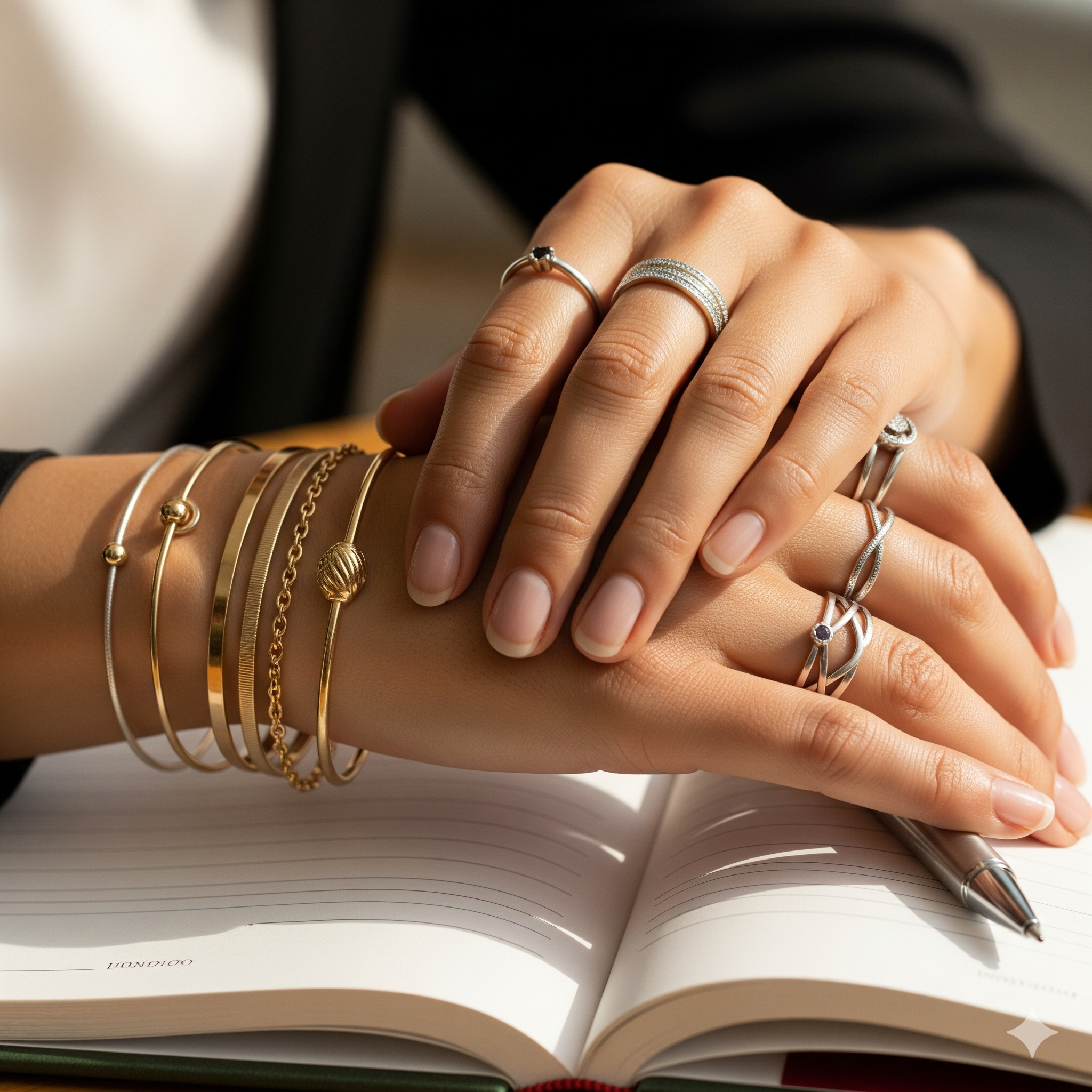 Mujer usando anillos elegantes